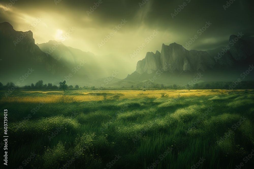 Poster a hilly plain with a range of mountains in the distance generative ai