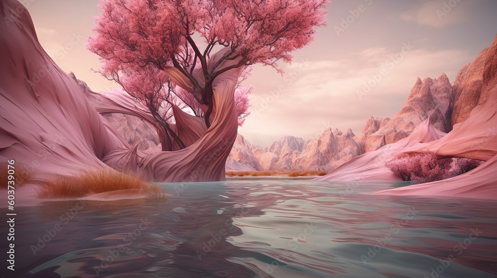 Poster a cartoon depiction of a river with a tree planted right in the center of it generative ai