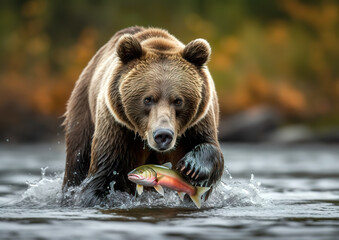 Obraz na płótnie Canvas The big brown grizzly bear hunts salmon, with more or less success, but always lives well in the end. Generative AI.