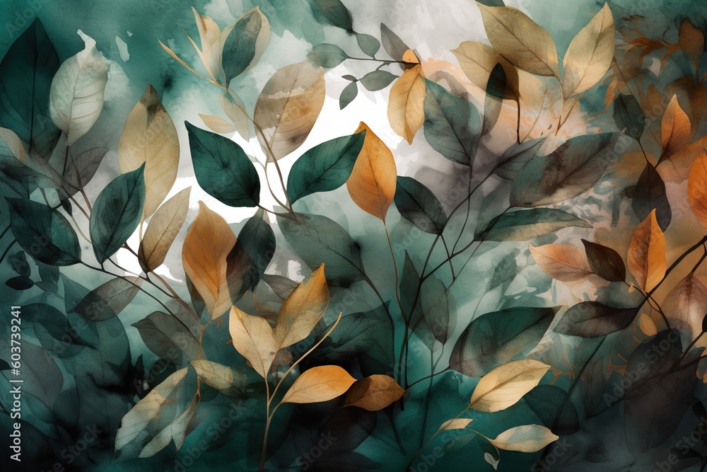 Poster a graphical representation of leaves on top of a green backdrop Generative AI