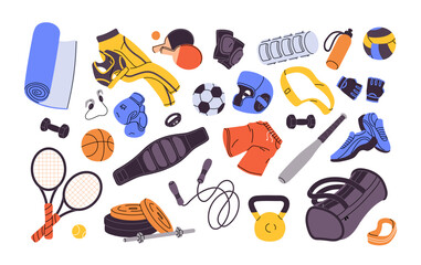 Sport equipment, gym and fitness stuff set. Workout accessories, objects. Soccer and basketball balls, tennis rackets, mat, bag, dumbbell. Flat graphic vector illustration isolated on white background © Paper Trident