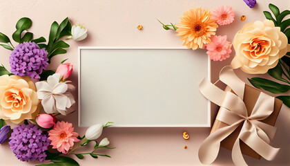 Women day and mother's day background banner in a feminine color, backdrop with spring flowers and gift boxes, Generative AI