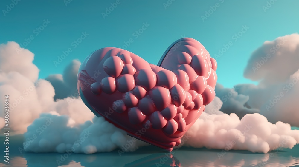 Poster a cloud-encircled floating object in the form of a heart can be seen in the sky. Generative AI