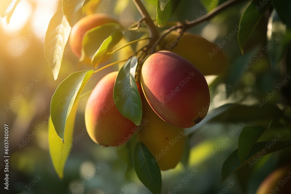 Poster a portion of a peach tree's branch that bears fruit. generative ai