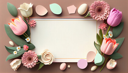 Women's day and Mother's day background banner in feminine color with copy space, backdrop with spring flowers, Generative AI