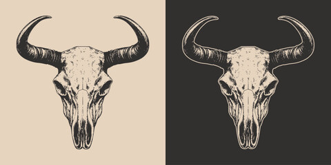 Set of vintage retro scary spooky cow bull skull head skeleton. Cowboy Native American. Can be used like emblem, logo, badge, label. mark, poster or print. Vector. Hand drawn element in engraving