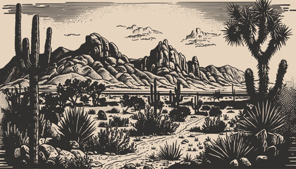 Mountain desert texas background landscape engraving gravure style. Wild west western adventure explore inspirational vibe. Graphic Art. Sketch drawn Vector - obrazy, fototapety, plakaty