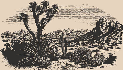 Mountain desert texas background landscape engraving gravure style. Wild west western adventure explore inspirational vibe. Graphic Art. Sketch drawn Vector - obrazy, fototapety, plakaty