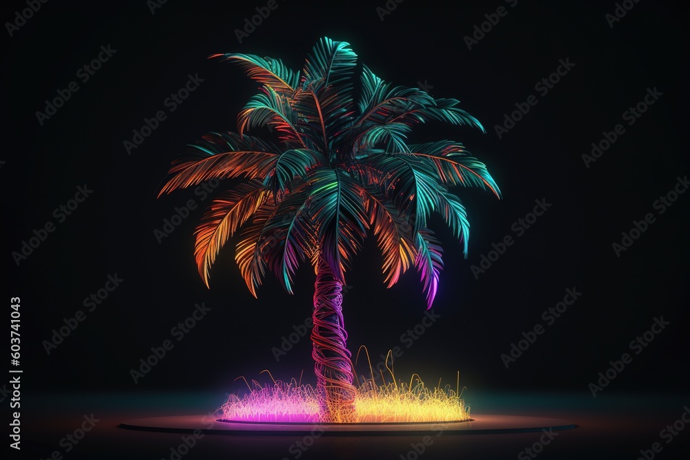Poster a palm tree with flashing lights serving as a backdrop image generative ai