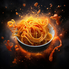 A bowl of spaghetti with orange sauce and orange sauce.