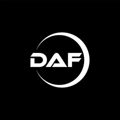 DAF letter logo design with black background in illustrator, cube logo, vector logo, modern alphabet font overlap style. calligraphy designs for logo, Poster, Invitation, etc.