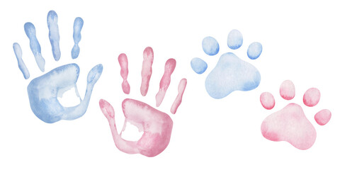 Watercolor illustration. Hand painted blue and pink hand prints of men, woman, child. Paws of cat, dog. Foot prints of kitten, puppy. World Animal Day. Isolated clip art of human and animal friendship