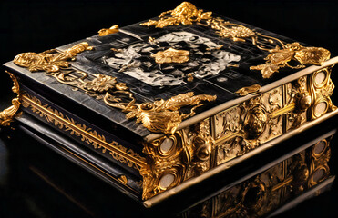 a gold and silver book with a black satin covered