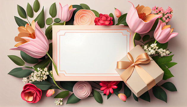Women day and mother's day background banner in a feminine color, backdrop with spring flowers and gift boxes, Generative AI
