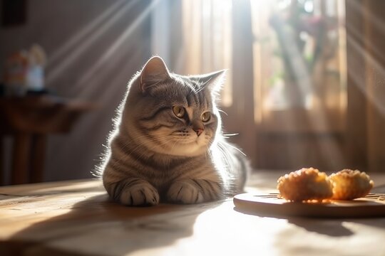 Image of a British shorthair cat on the counter top of the country fairytail kitchen, with sunrayes coming through the window.