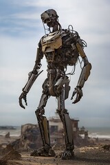 Robots of various shapes and sizes traversing a futuristic cityscape