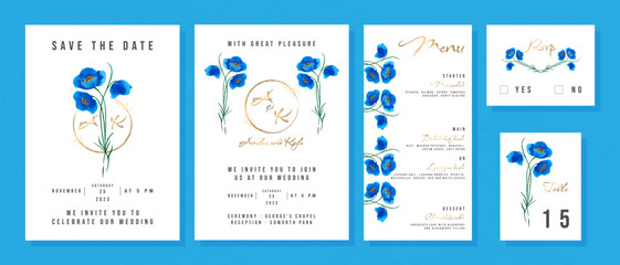 Wedding Invitation. Blue poppy flowers. Watercolor. Set