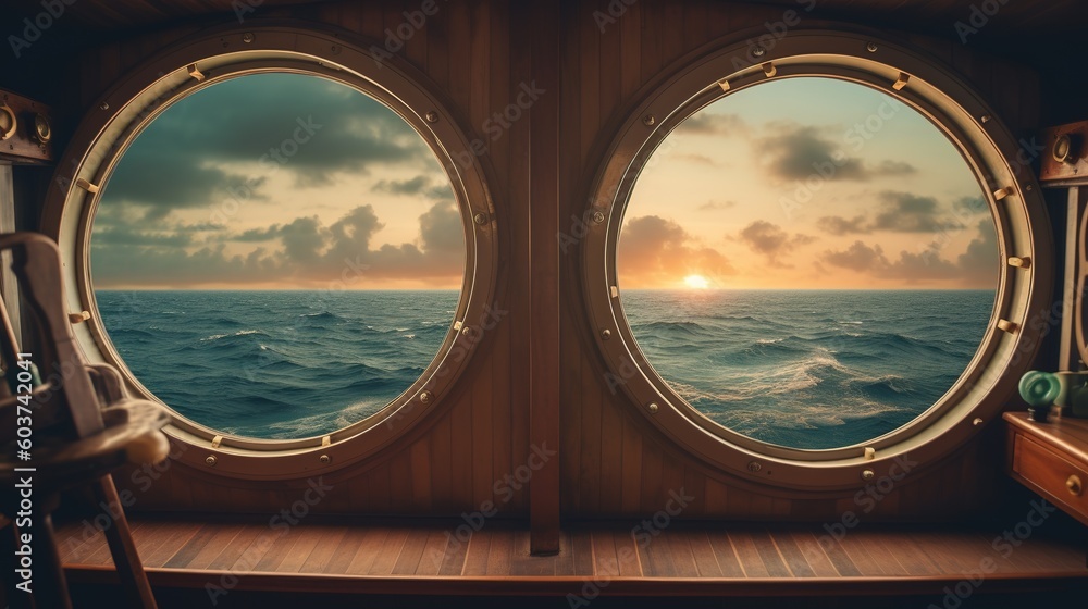 Poster two circular windows with a view of the ocean as the sun goes down generative ai