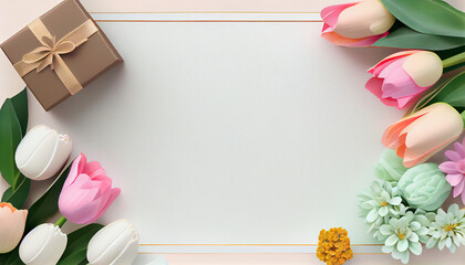 Women day and mother's day background banner in a feminine color, backdrop with spring flowers and gift boxes, Generative AI