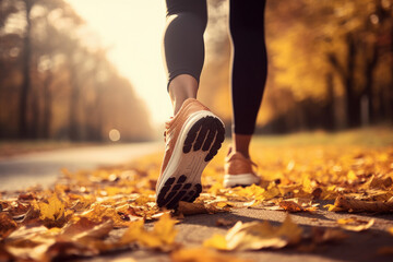 Running shoes in autumn landscape, focus on shoes, generative AI