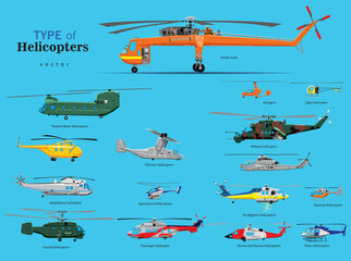 Various types of helicopters. Large vector set of helicopters with type names