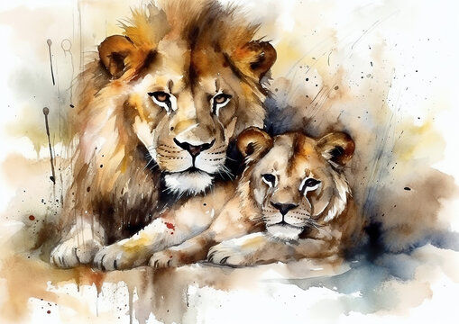 Watercolor abstract illustration of father and son lion. The king of animals and his offspring rest in the shadow, colorful paint splash, isolated white background. Generative AI.