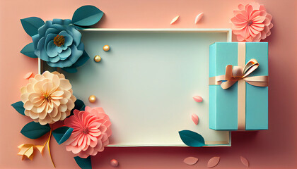 Women day and mother's day background banner in a feminine color, backdrop with spring flowers and gift boxes, Generative AI