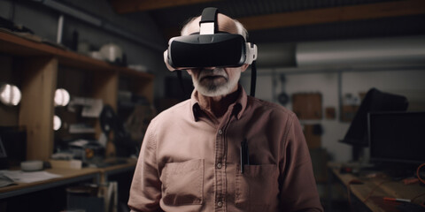Elderly people wearing a VR headset at home, generative AI