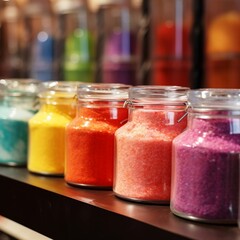 Fototapeta na wymiar Close-up of vibrant powder-filled jars for dipping. AI