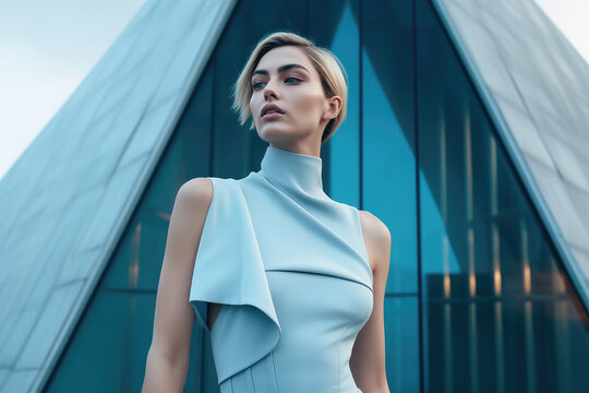 Beautiful haute couture model in front of a modern architecture building.  Composite with different elements made with generative AI