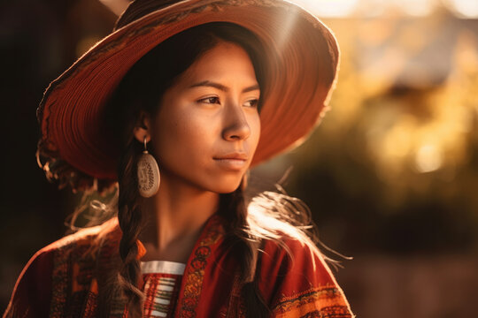 Portrait of an Andean girl with traditional costumes.  Composite with different elements made with generative AI