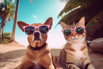two pets, a dog and a cat, seen on a beach, both sporting sunglasses. Generative AI
