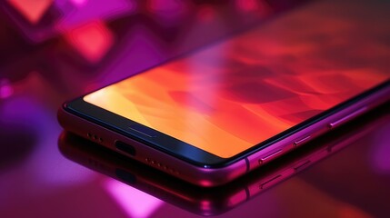 A close-up shot of a smartphone on a glass table. Colorful installations, dark orange, pink, and magenta, chrome-plated, soft-focus, bokeh background. Technology mockup. 