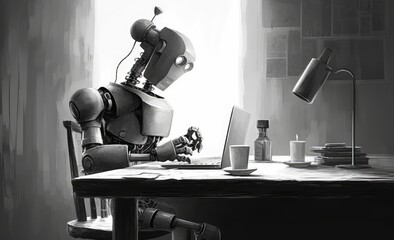 Robot working at the desk, typing on a laptop. Black and white illustration, hand-drawn. Future AI