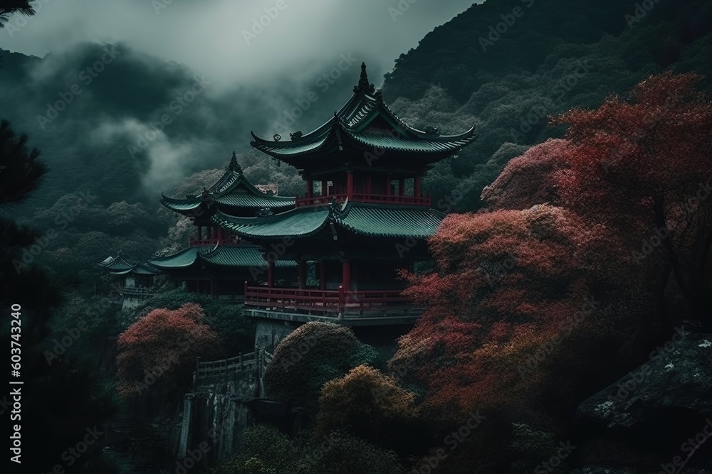 Poster a towering structure that is situated on the summit of a verdant slope generative ai