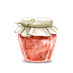 Watercolor vintage delicious food glass jar with berry raspberry fruit jam marmalade isolated on white background. Hand drawn illustration sketch