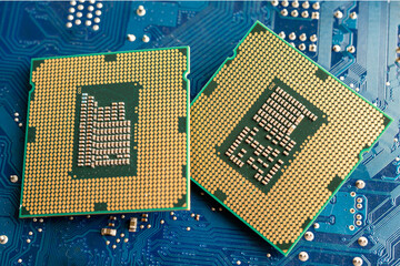 CPU, central processor unit chip Chip on circuit board in PC and laptop computer technology.