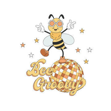 Retro rubber hose cartoon disco bee character vector illustration. Cool groovy bumblebee personage print design.