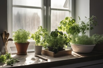 Naklejka na ściany i meble Grow your own trend, people growing veggies and herbs indoors on a sunny windowsill. Growing edibles, grow herbs and veggies on a budget. AI generative