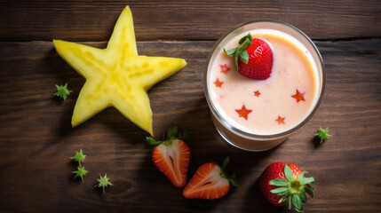 Fresh Starfruit and Strawberry Smoothie on a Rustic Table