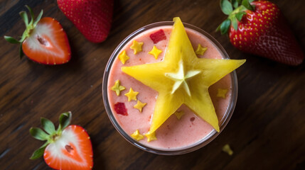 Fresh Starfruit and Strawberry Smoothie on a Rustic Table