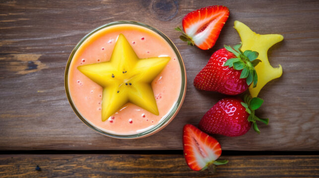Fresh Starfruit and Strawberry Smoothie on a Rustic Table