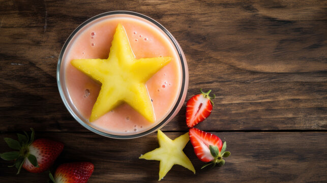 Fresh Starfruit and Strawberry Smoothie on a Rustic Table