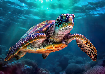 Fototapeta premium A vibrant sea turtle swims gracefully through crystal-clear blue waters, with sunlight filtering through from above. Its shell displays a stunning array of colors and intricate patterns.AI generated.