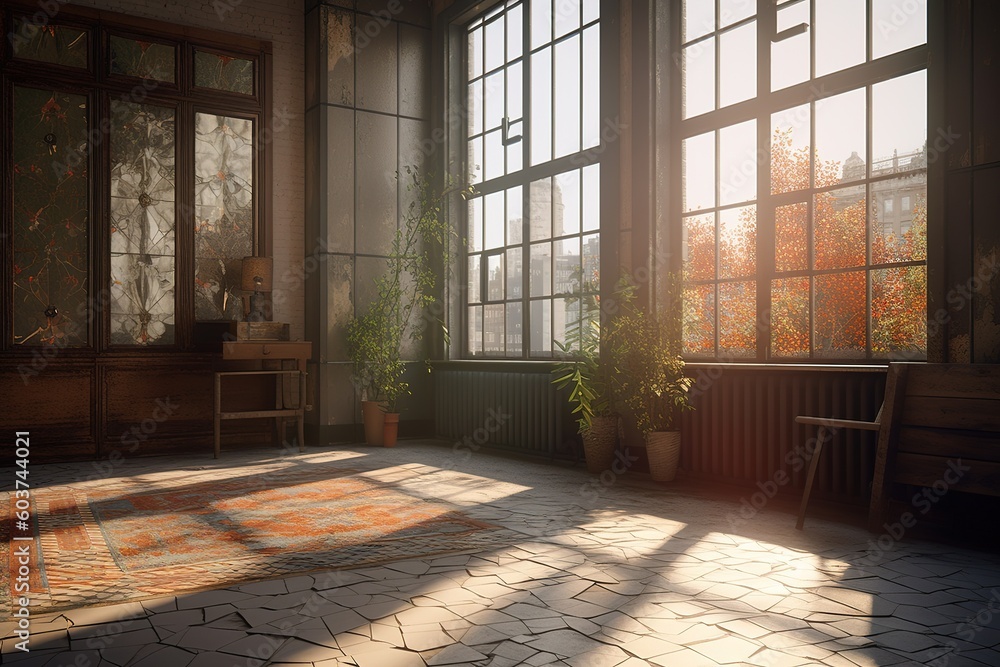 Poster a space that has huge windows and has a rug placed on the floor generative ai