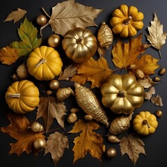 Gilded autumn treasures golden painted leaves, pumpkins, and acorns. AI