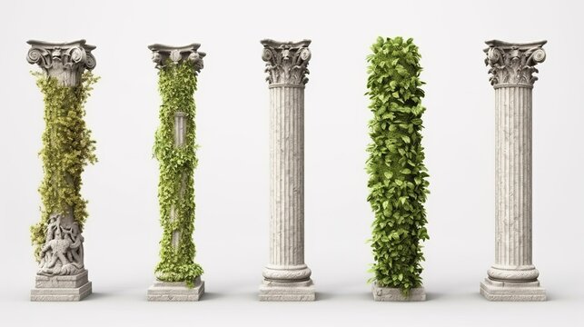 A set of antique columns, a collection of overgrown columns. Generative AI
