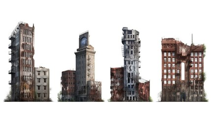 A collection of destroyed skyscrapers, tall post-apocalyptic buildings, house buildings. Generative AI - obrazy, fototapety, plakaty