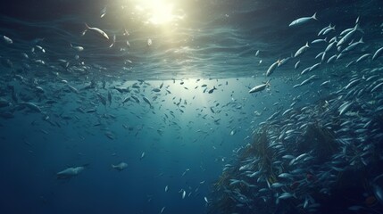 Underwater view, sea fish of different species in clearwater.Generative AI