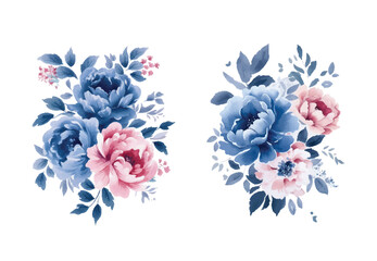 Watercolor navy blue and pink flowers set, vintage vector flowers collection.